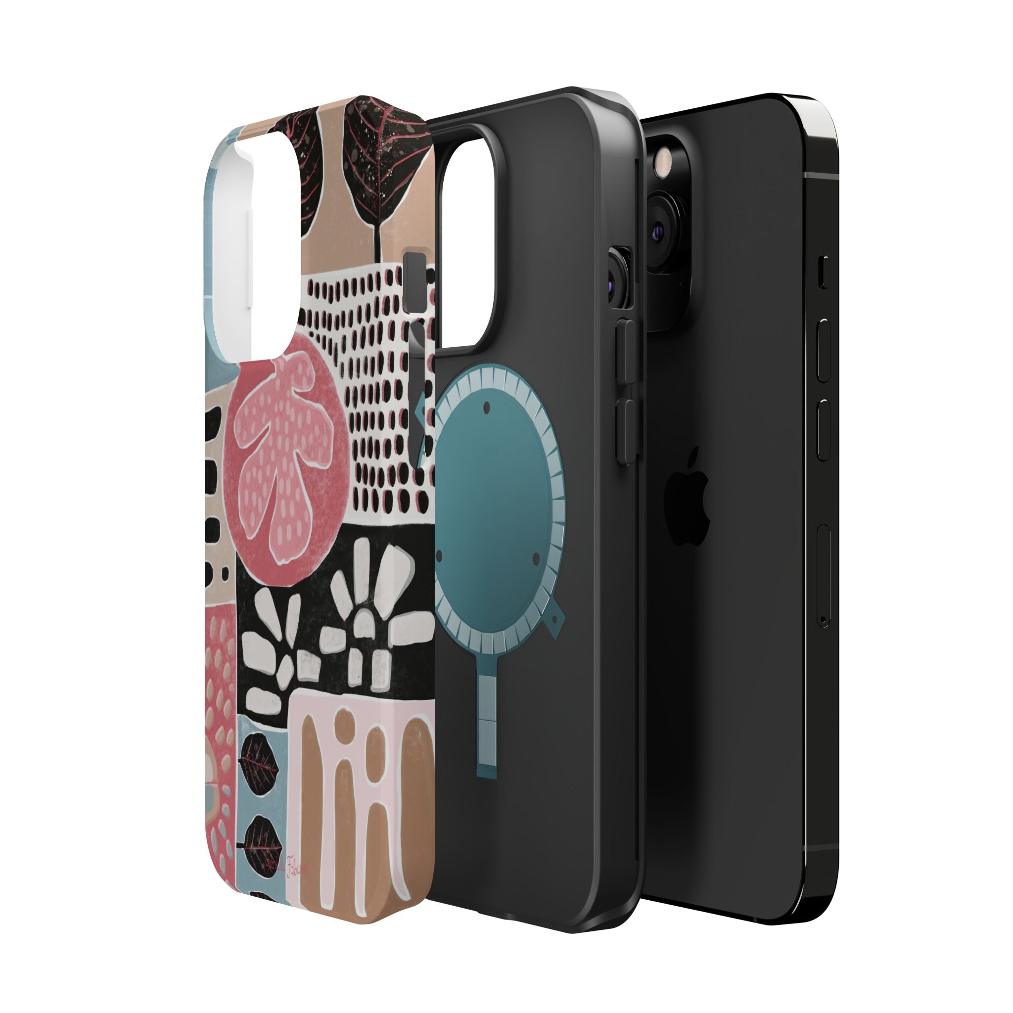 Abstract Floral Magnetic Phone Case — Impact-Resistant Protective Cover with Pink & Teal Collage Design