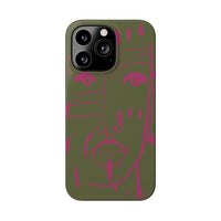 Abstract Face Line Art Slim Phone Case | Olive Green with Magenta Sketch