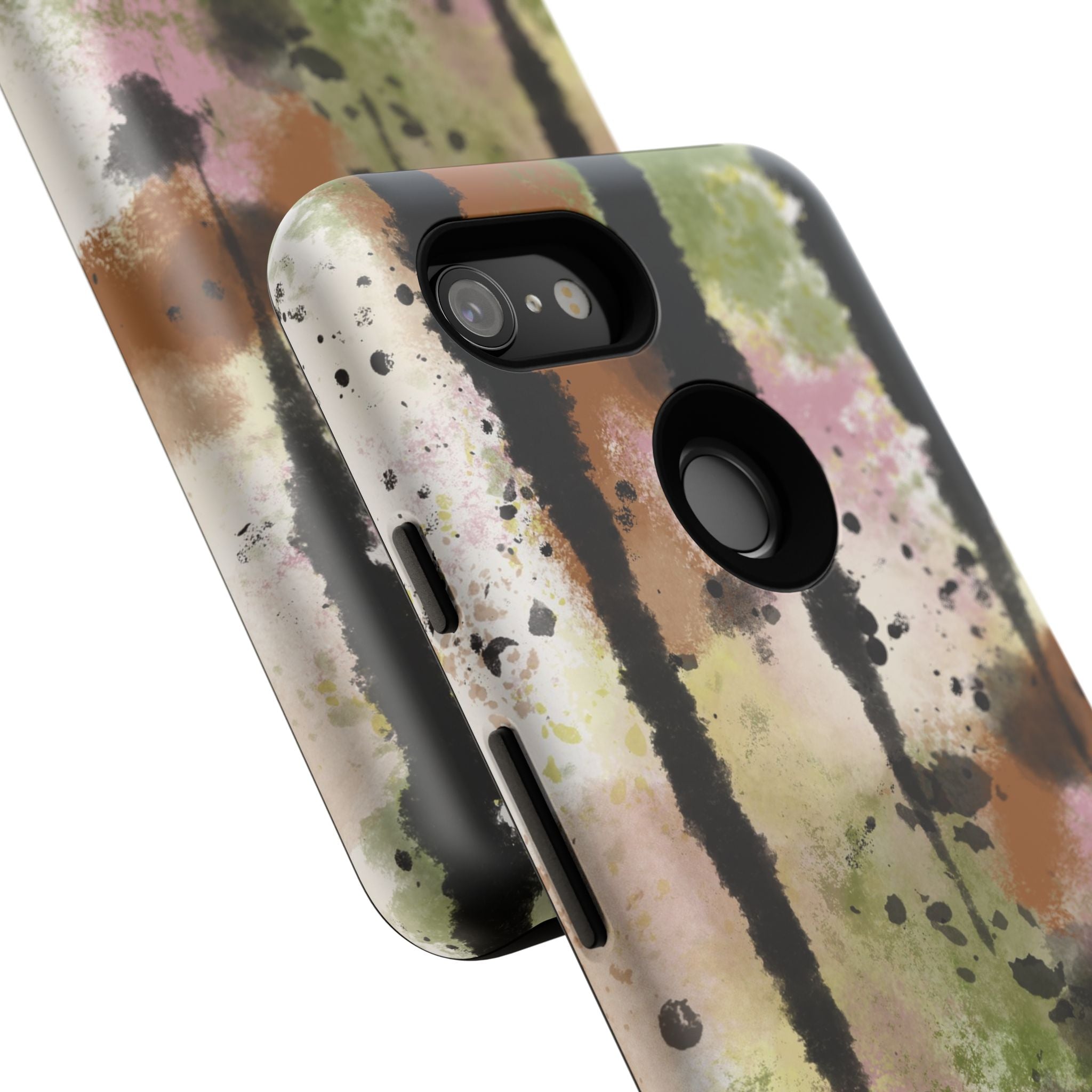 Watercolor Ink Splash Tough Phone Case — Abstract Olive, Blush & Charcoal Protective Cover