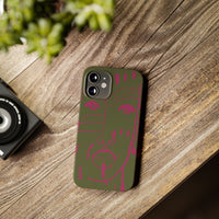 Abstract Face Line Art Slim Phone Case | Olive Green with Magenta Sketch