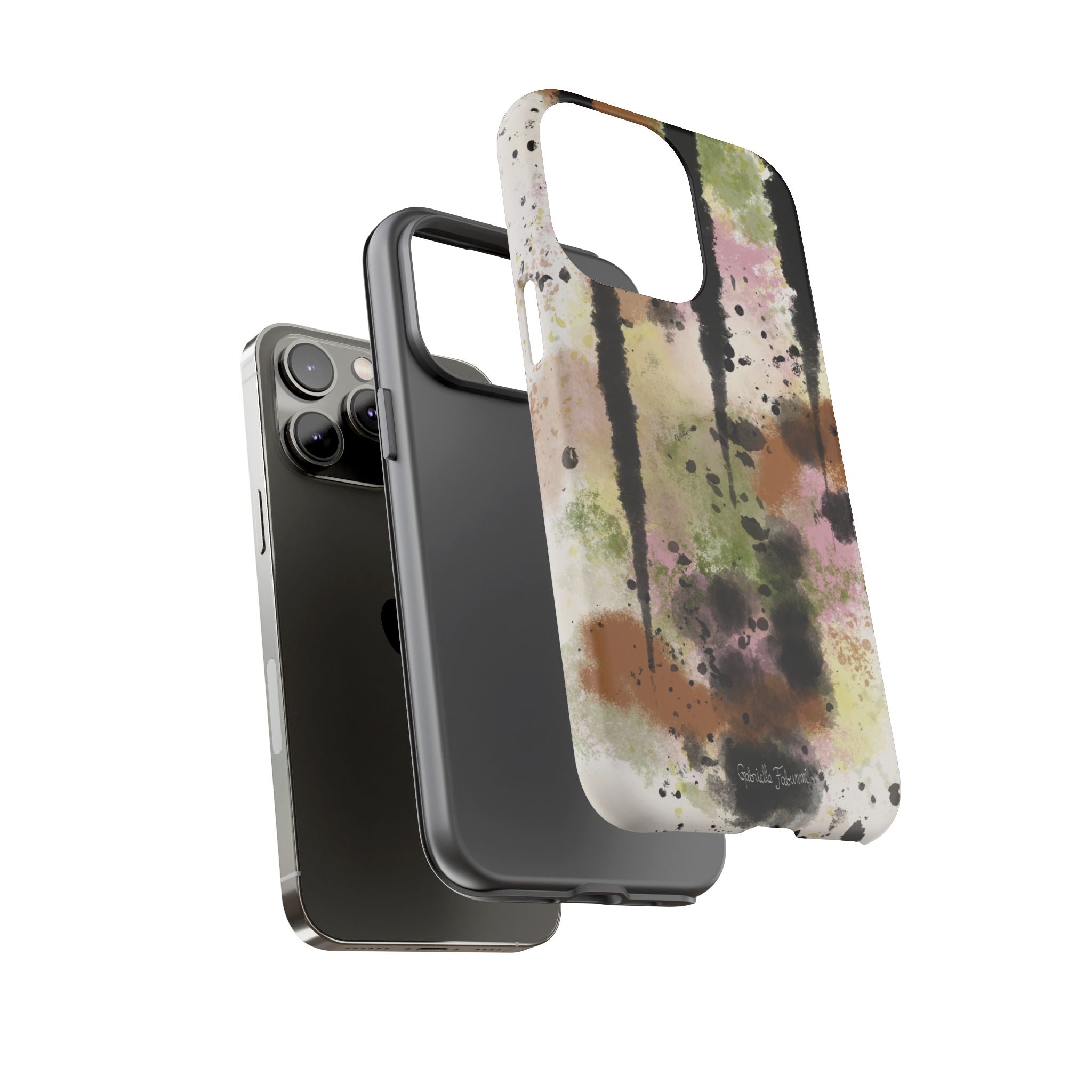 Watercolor Ink Splash Tough Phone Case — Abstract Olive, Blush & Charcoal Protective Cover