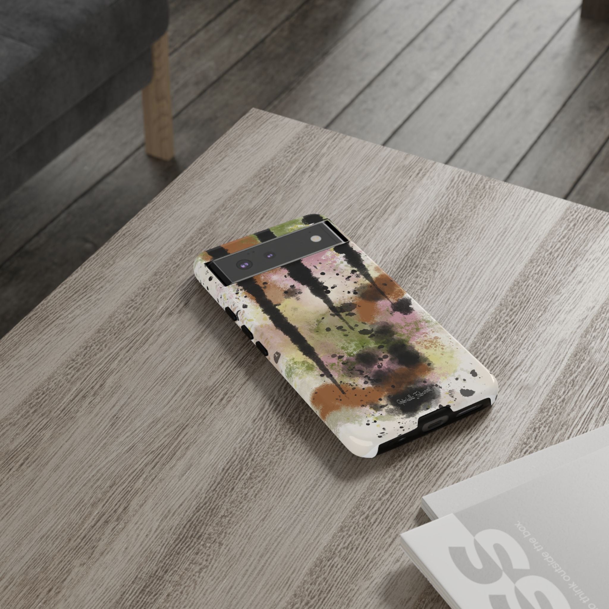 Watercolor Ink Splash Tough Phone Case — Abstract Olive, Blush & Charcoal Protective Cover