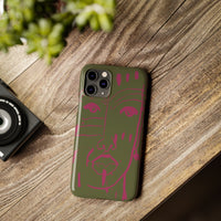 Abstract Face Line Art Slim Phone Case | Olive Green with Magenta Sketch