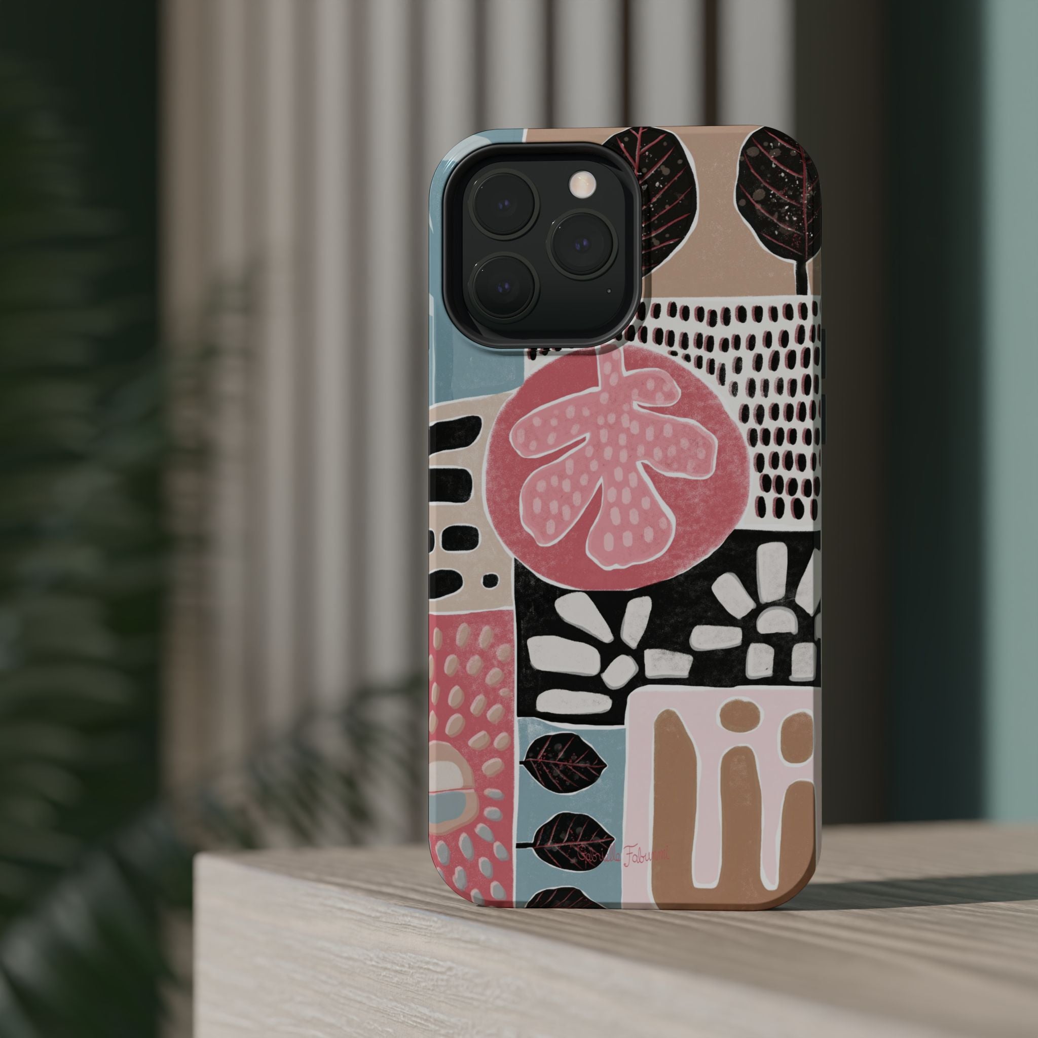 Abstract Floral Magnetic Phone Case — Impact-Resistant Protective Cover with Pink & Teal Collage Design