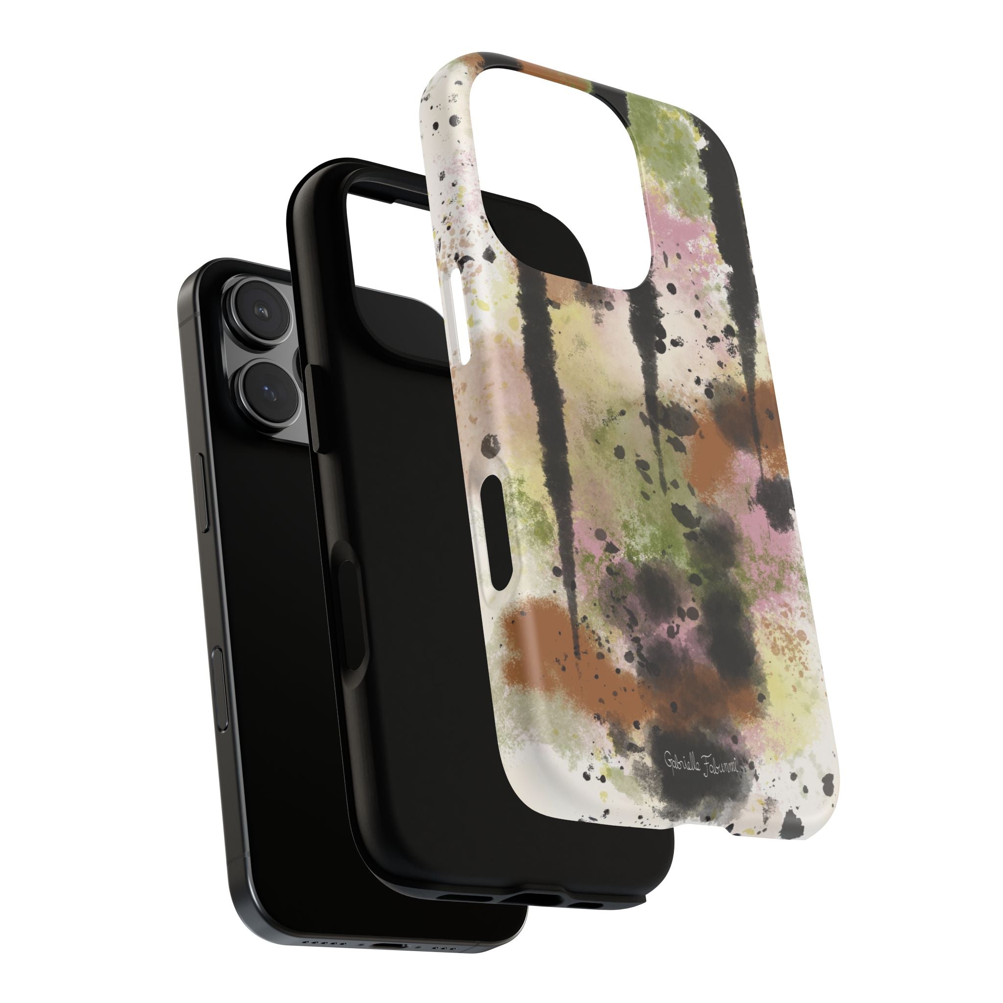 Watercolor Ink Splash Tough Phone Case — Abstract Olive, Blush & Charcoal Protective Cover
