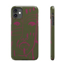 Abstract Face Line Art Slim Phone Case | Olive Green with Magenta Sketch