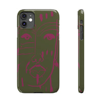 Abstract Face Line Art Slim Phone Case | Olive Green with Magenta Sketch