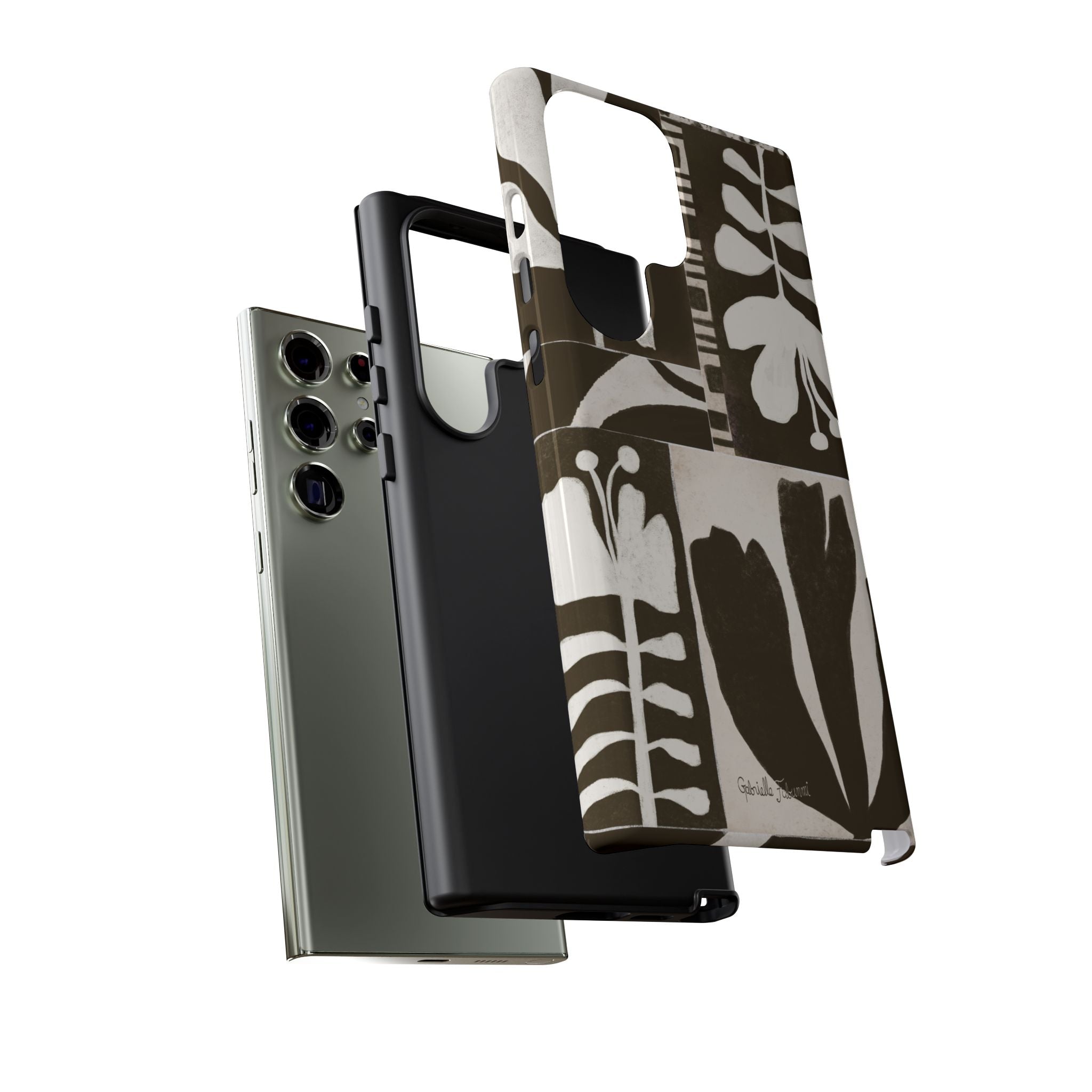 Floral Block Print Tough Phone Case — Black & White Botanical Protective Cover