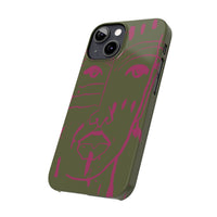 Abstract Face Line Art Slim Phone Case | Olive Green with Magenta Sketch