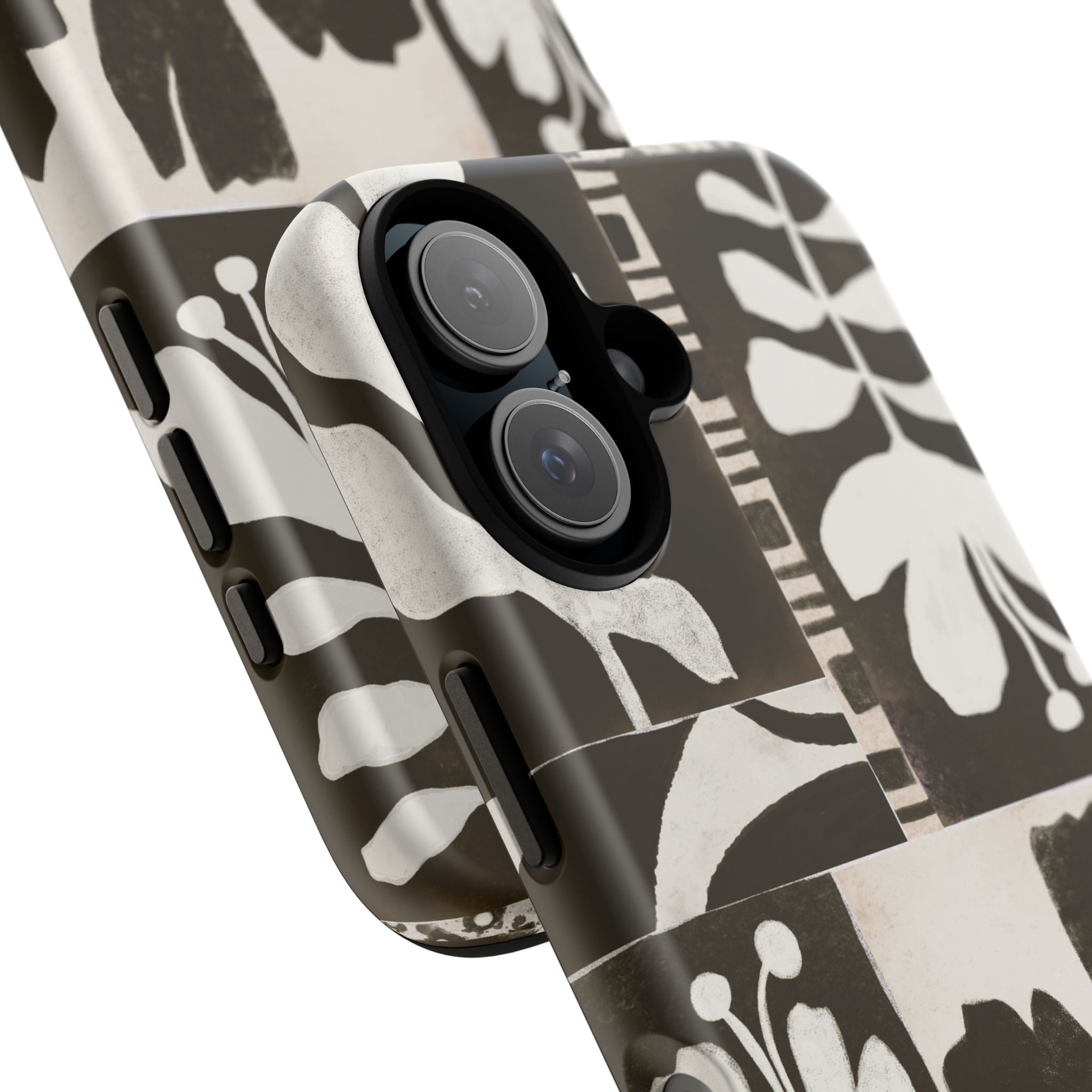 Floral Block Print Tough Phone Case — Black & White Botanical Protective Cover