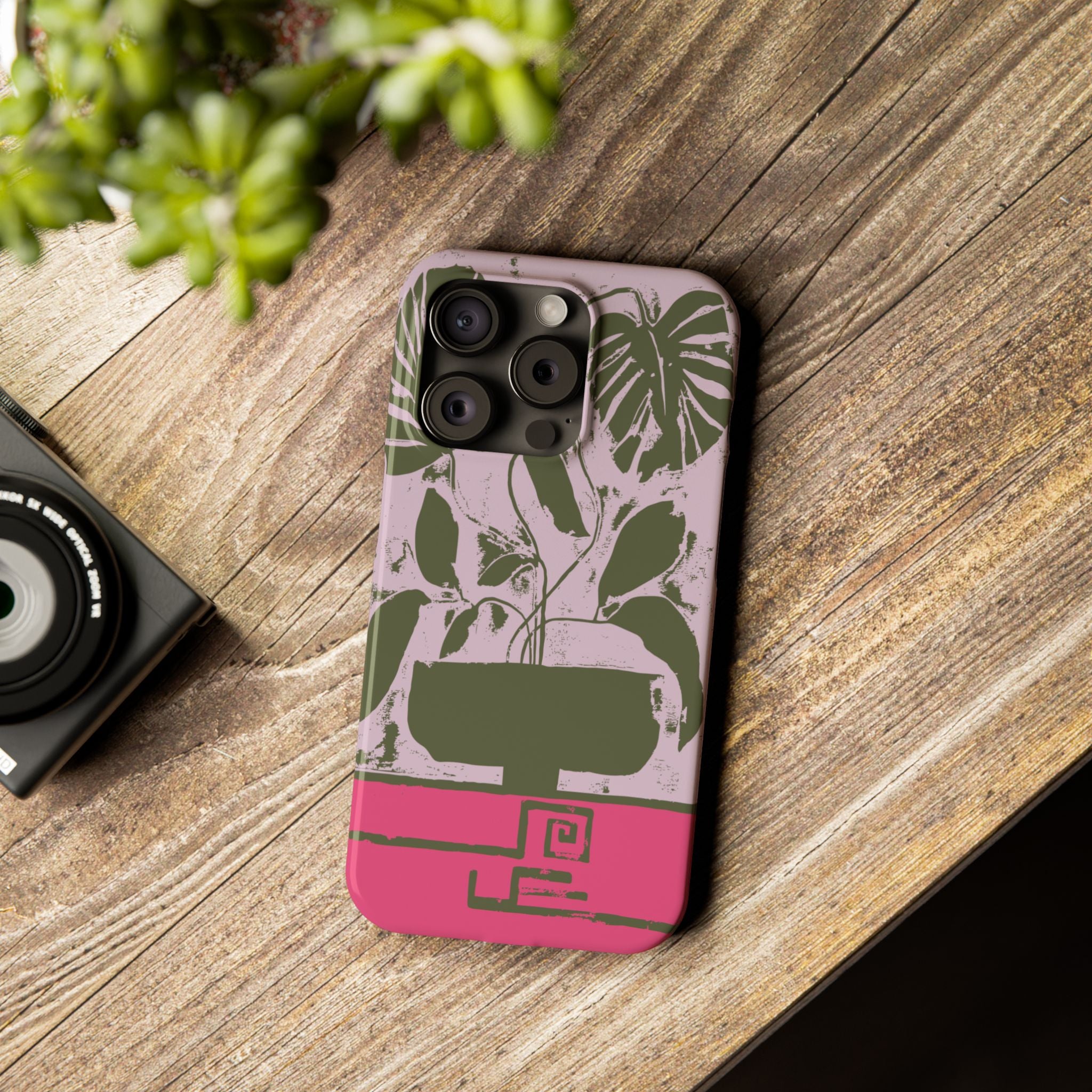 Slim Phone Case — Retro Monstera Plant Pink Green Botanical Design