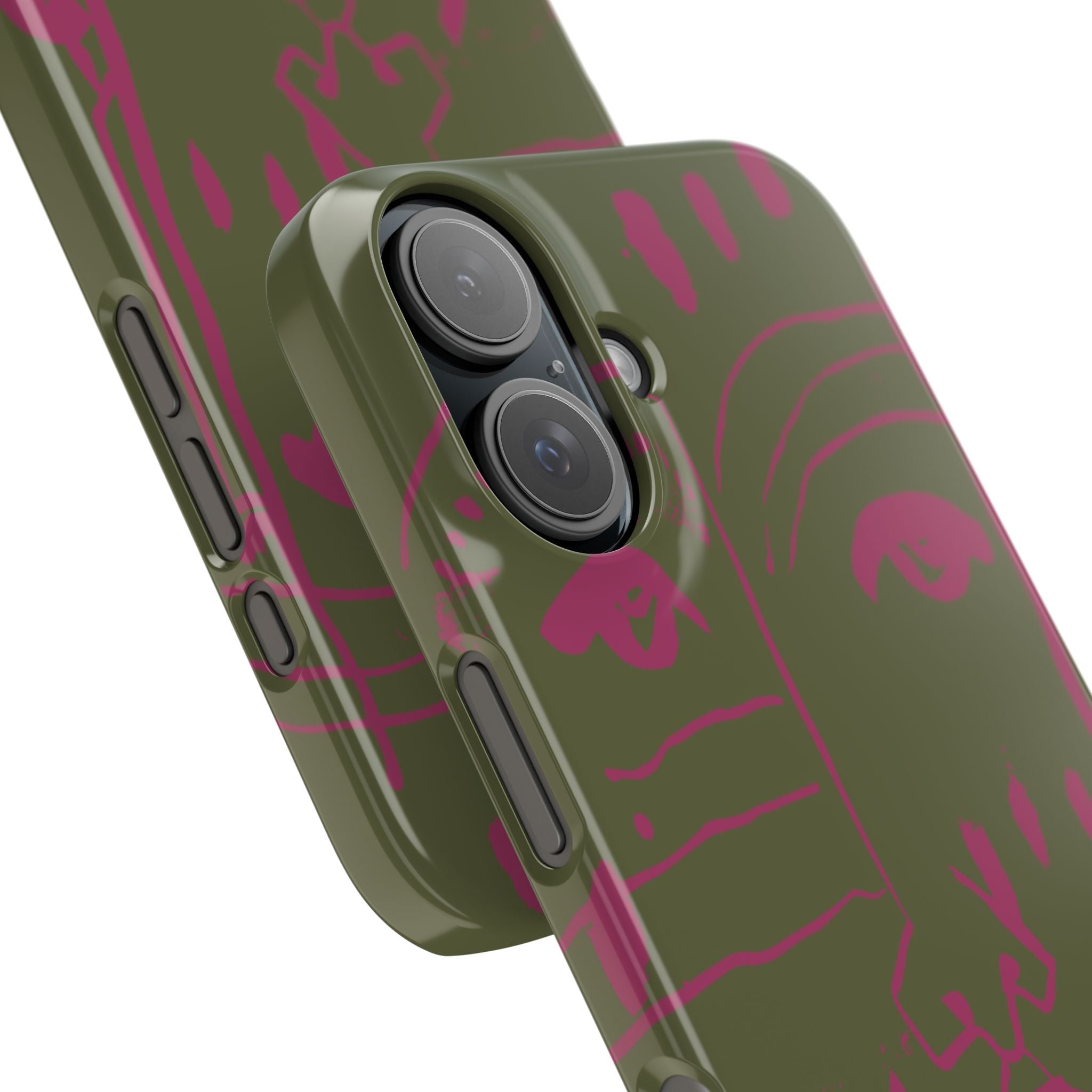 Abstract Face Line Art Slim Phone Case | Olive Green with Magenta Sketch
