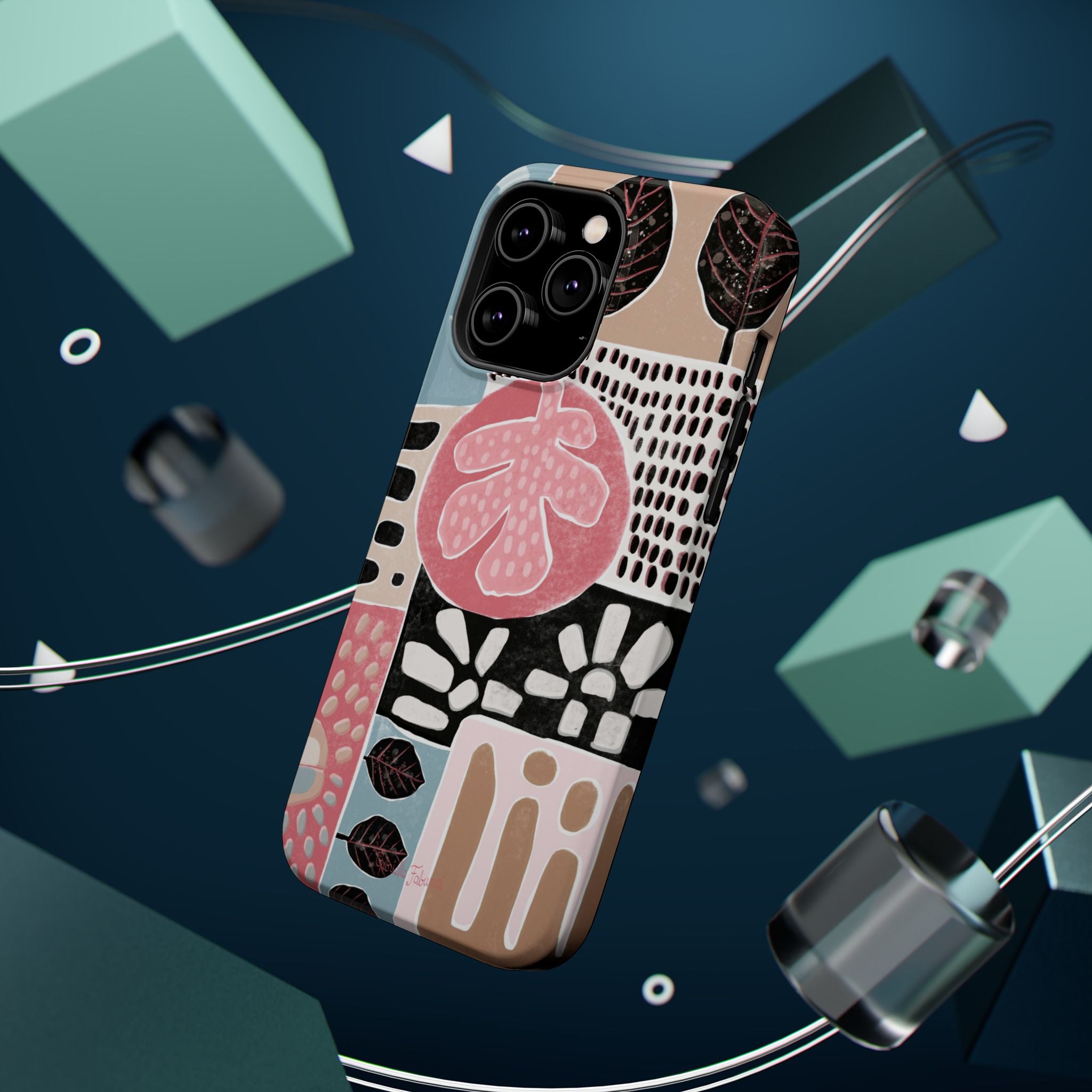 Abstract Floral Magnetic Phone Case — Impact-Resistant Protective Cover with Pink & Teal Collage Design