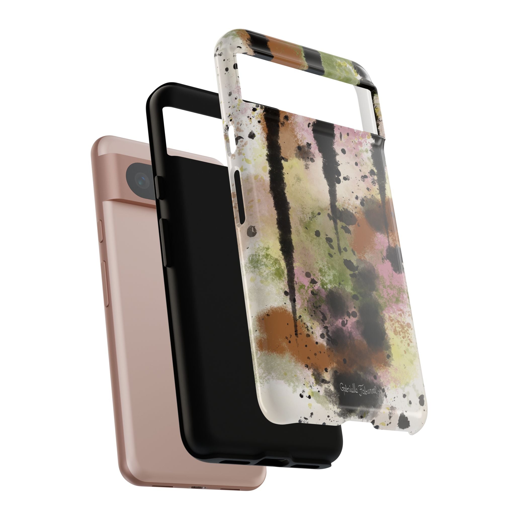 Watercolor Ink Splash Tough Phone Case — Abstract Olive, Blush & Charcoal Protective Cover