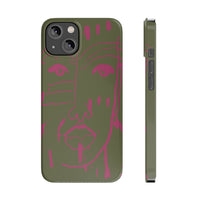 Abstract Face Line Art Slim Phone Case | Olive Green with Magenta Sketch
