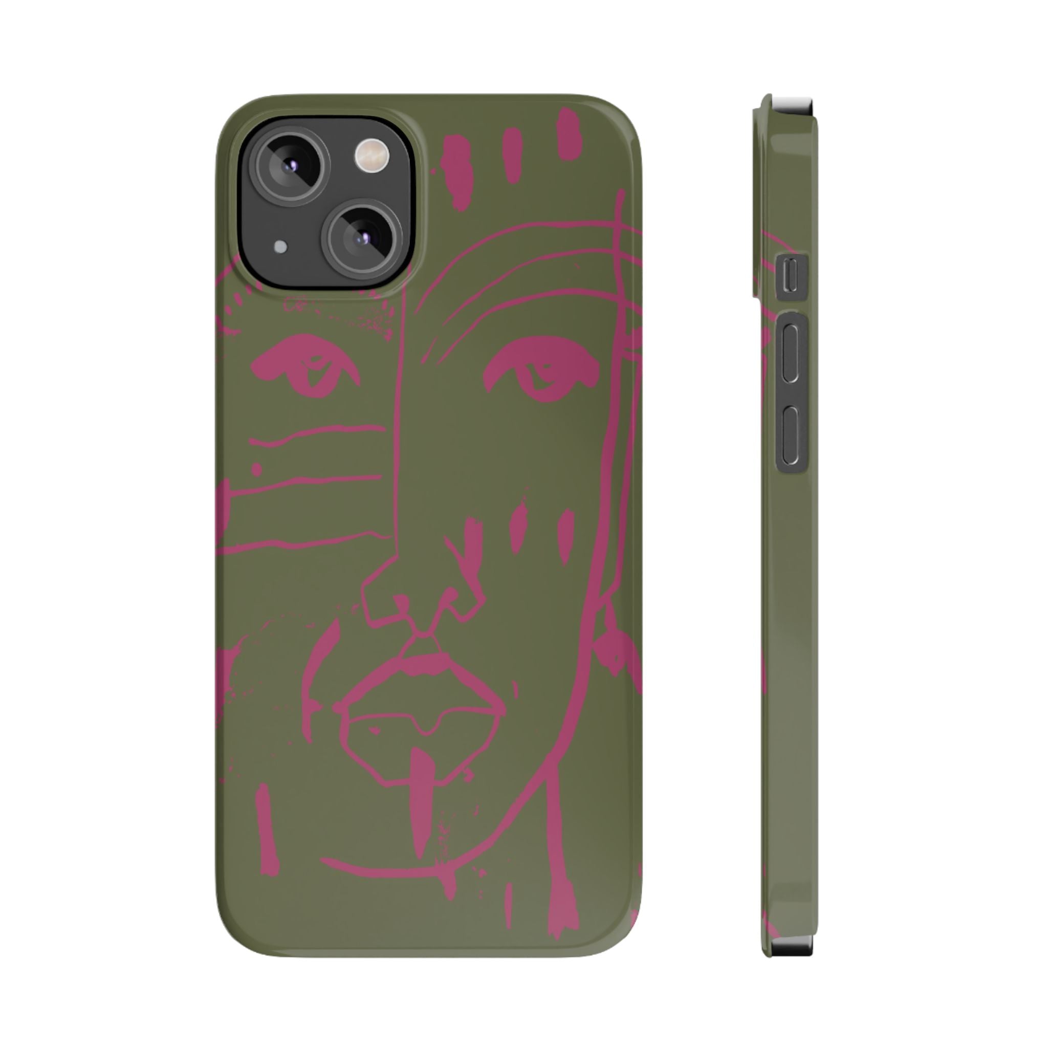 Abstract Face Line Art Slim Phone Case | Olive Green with Magenta Sketch