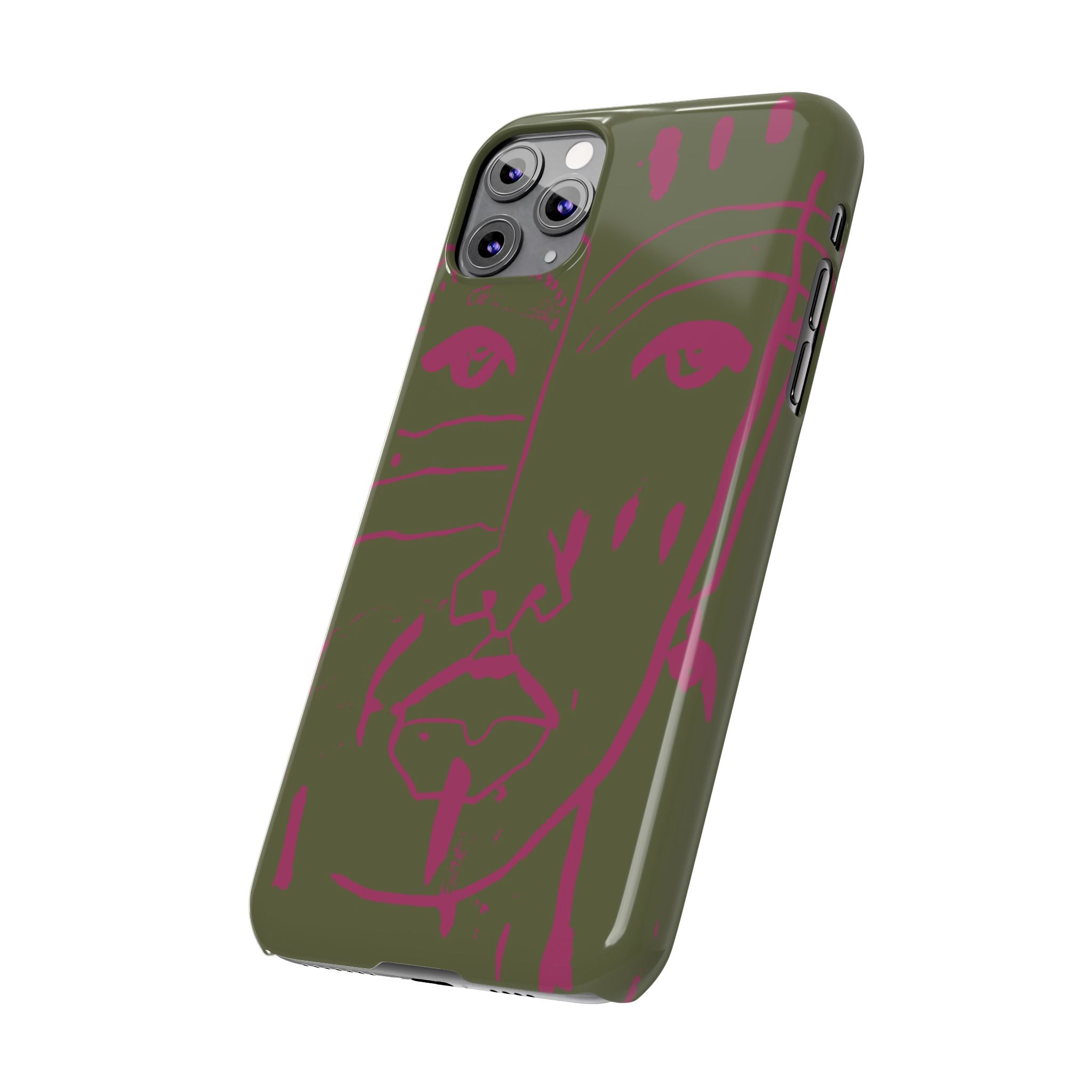 Abstract Face Line Art Slim Phone Case | Olive Green with Magenta Sketch