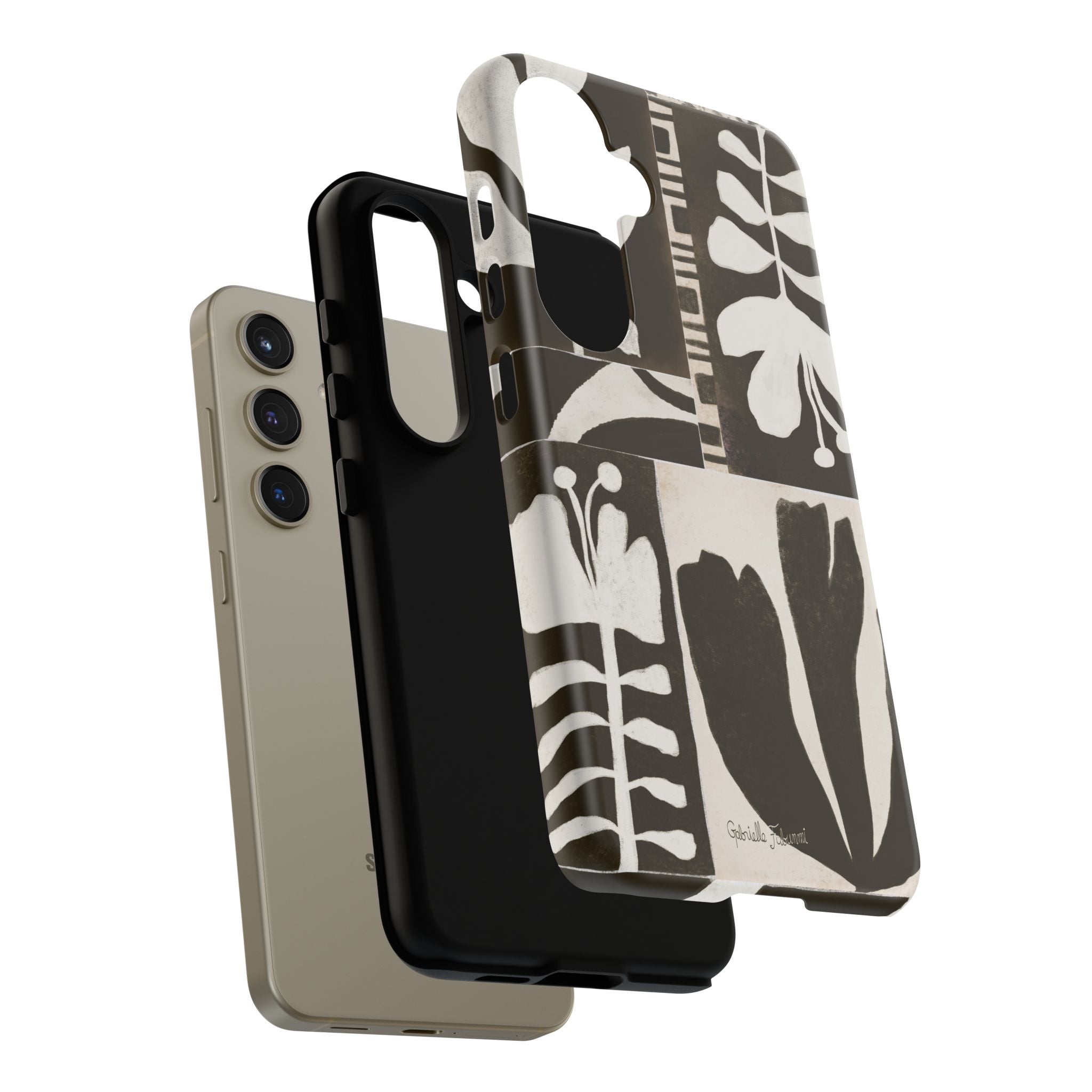 Floral Block Print Tough Phone Case — Black & White Botanical Protective Cover