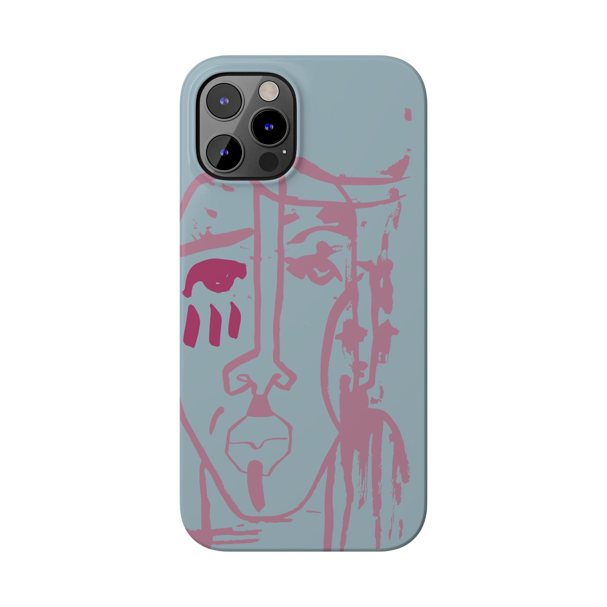 Abstract Line Face Slim Phone Case | Minimalist Portrait, Dusty Blue & Rose