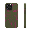 Abstract Face Line Art Slim Phone Case | Olive Green with Magenta Sketch