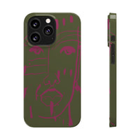 Abstract Face Line Art Slim Phone Case | Olive Green with Magenta Sketch