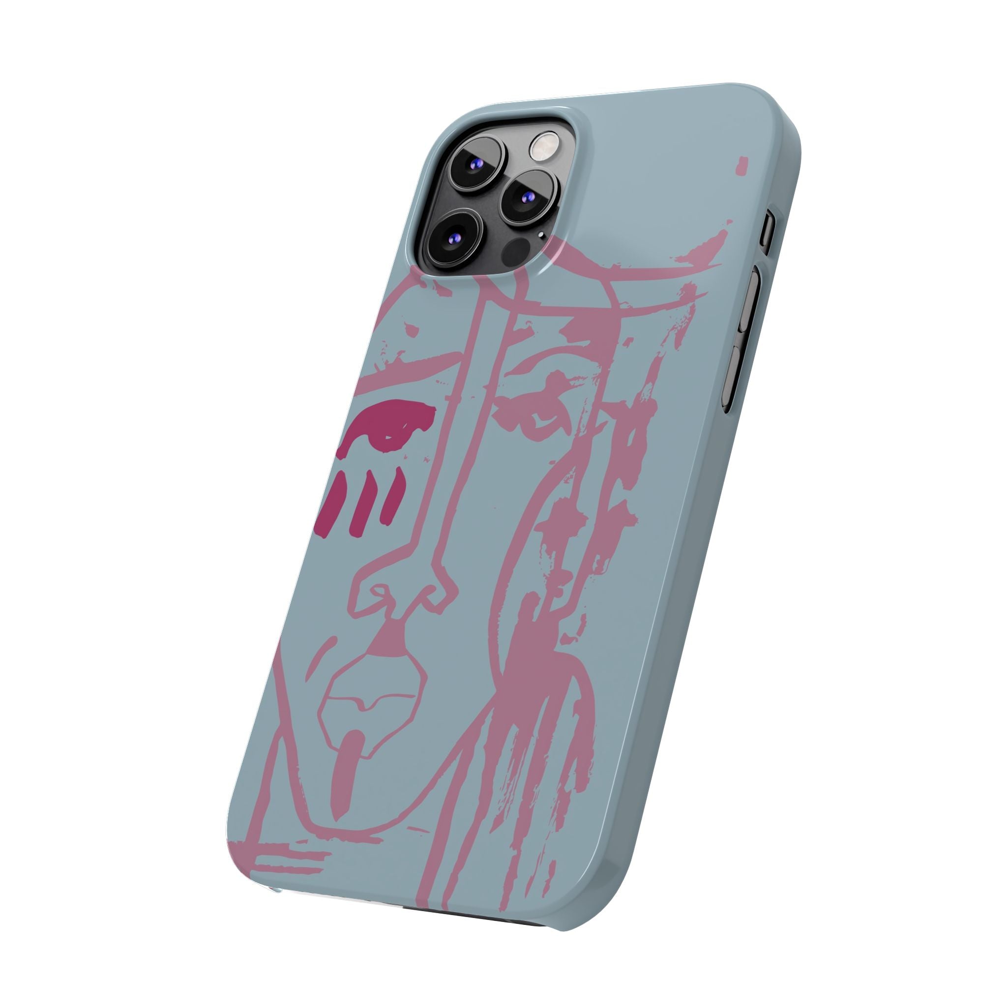 Abstract Line Face Slim Phone Case | Minimalist Portrait, Dusty Blue & Rose