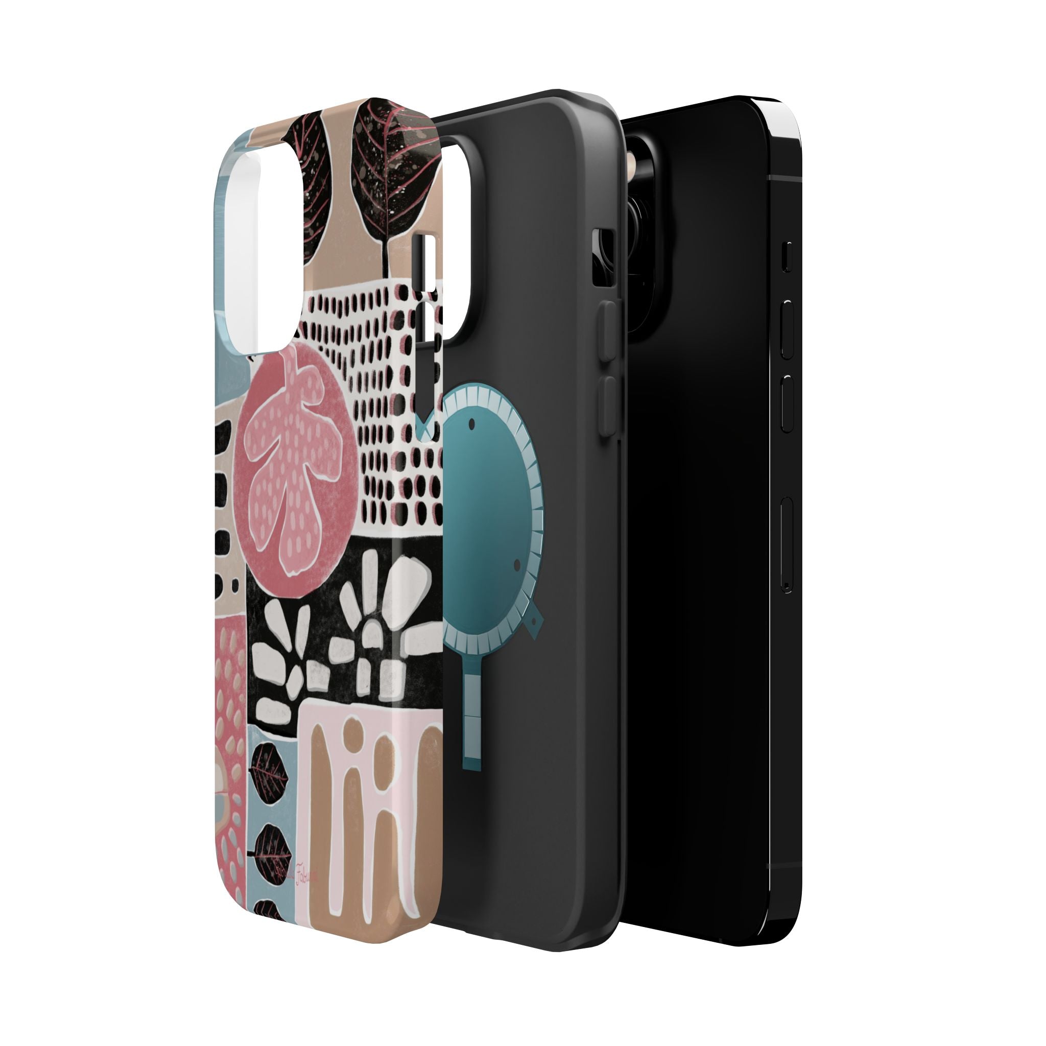 Abstract Floral Magnetic Phone Case — Impact-Resistant Protective Cover with Pink & Teal Collage Design