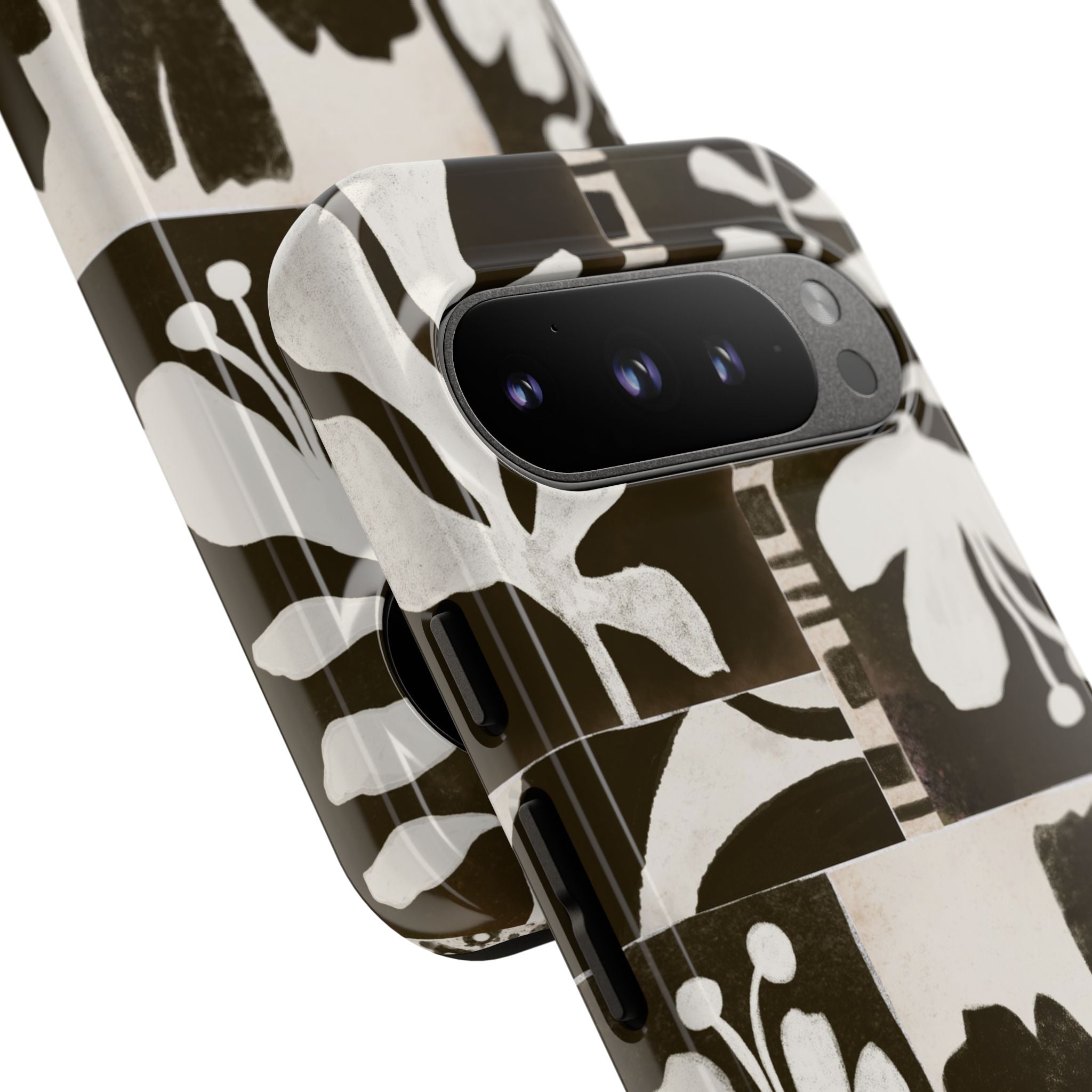 Floral Block Print Tough Phone Case — Black & White Botanical Protective Cover