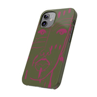 Abstract Face Line Art Slim Phone Case | Olive Green with Magenta Sketch