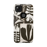 Floral Block Print Tough Phone Case — Black & White Botanical Protective Cover