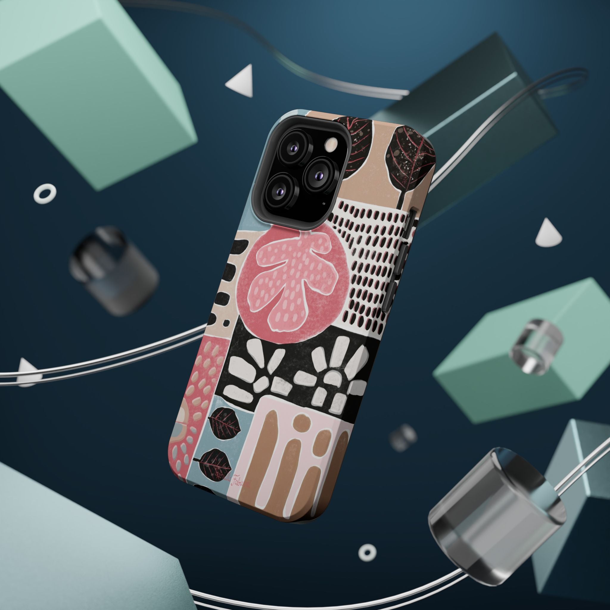 Abstract Floral Magnetic Phone Case — Impact-Resistant Protective Cover with Pink & Teal Collage Design