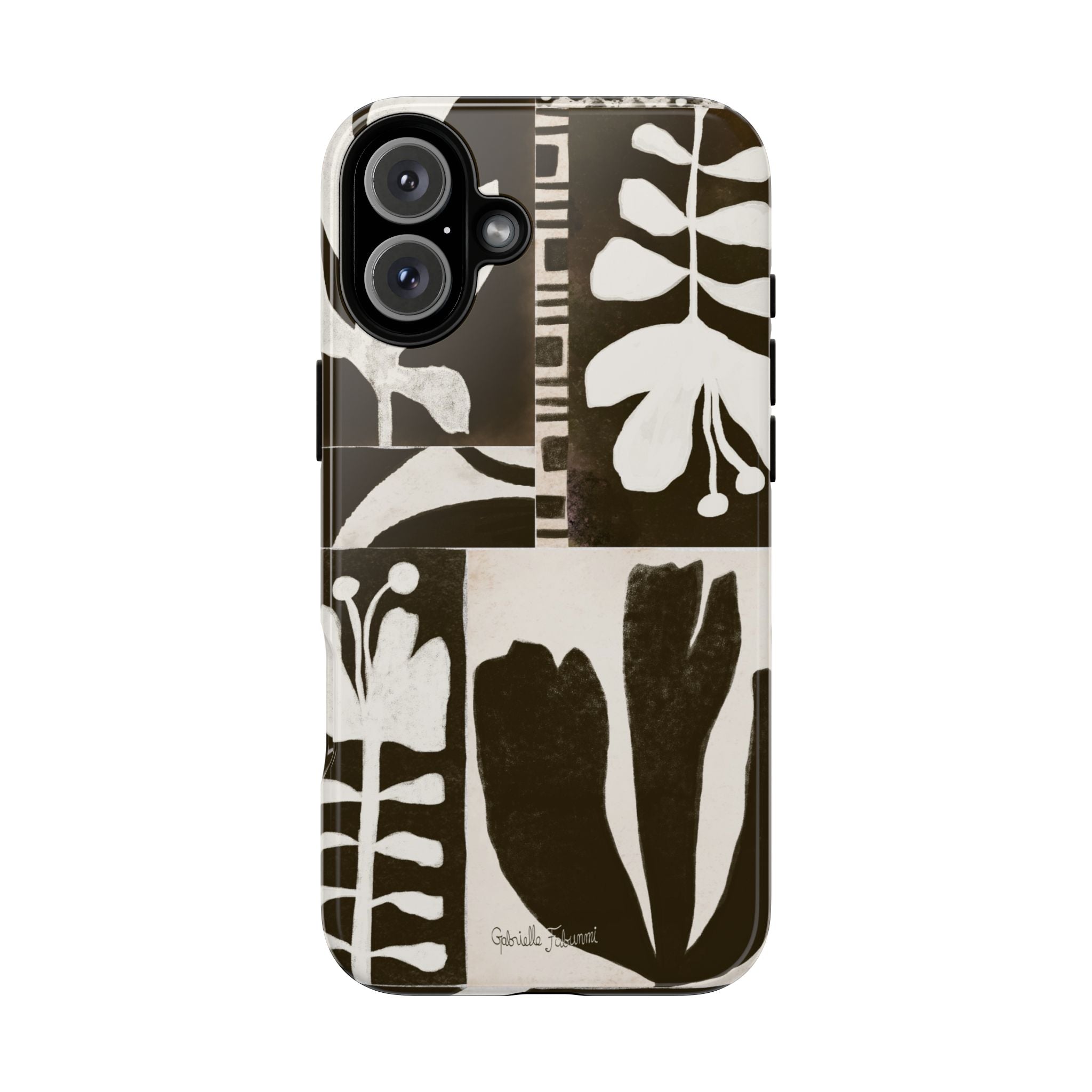 Floral Block Print Tough Phone Case — Black & White Botanical Protective Cover