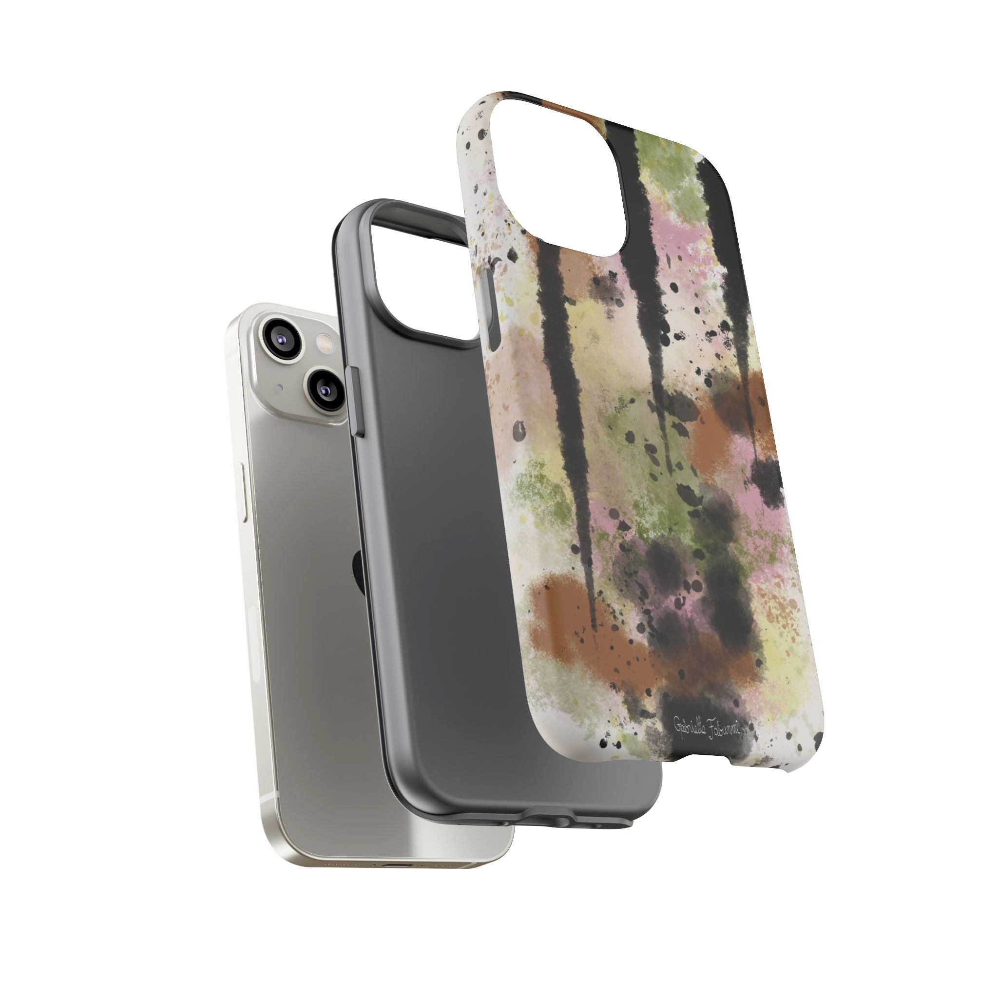 Watercolor Ink Splash Tough Phone Case — Abstract Olive, Blush & Charcoal Protective Cover