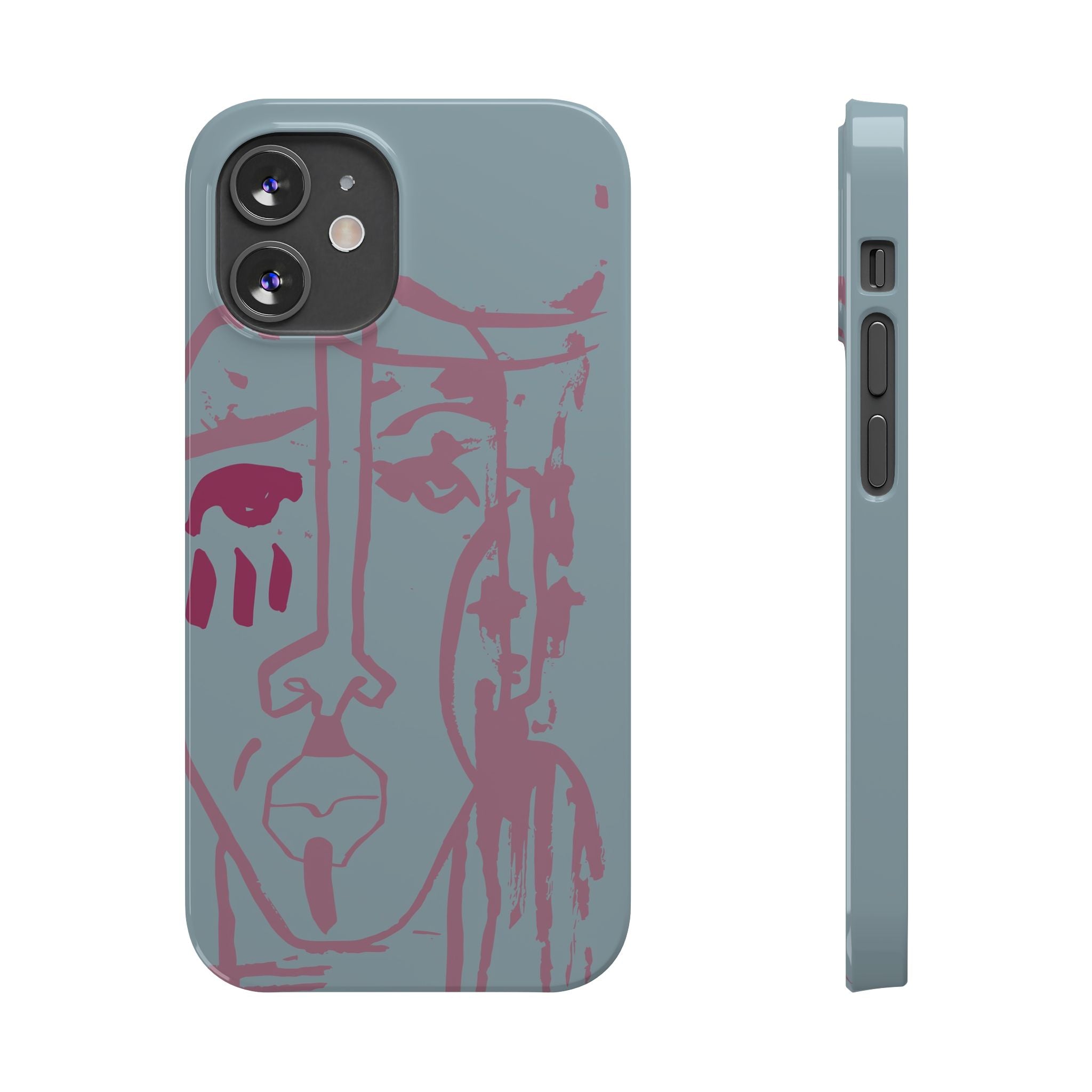 Abstract Line Face Slim Phone Case | Minimalist Portrait, Dusty Blue & Rose