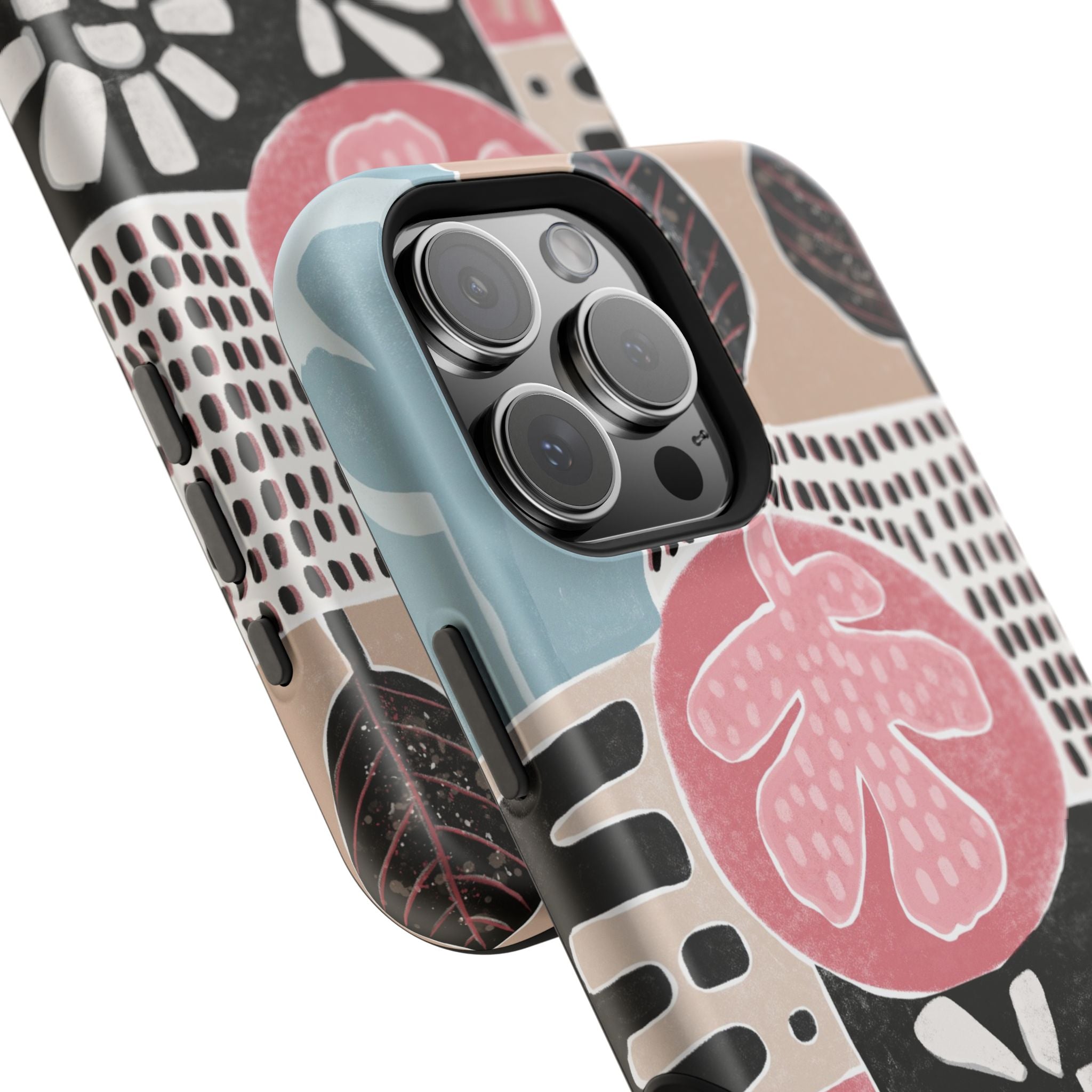 Abstract Floral Magnetic Phone Case — Impact-Resistant Protective Cover with Pink & Teal Collage Design