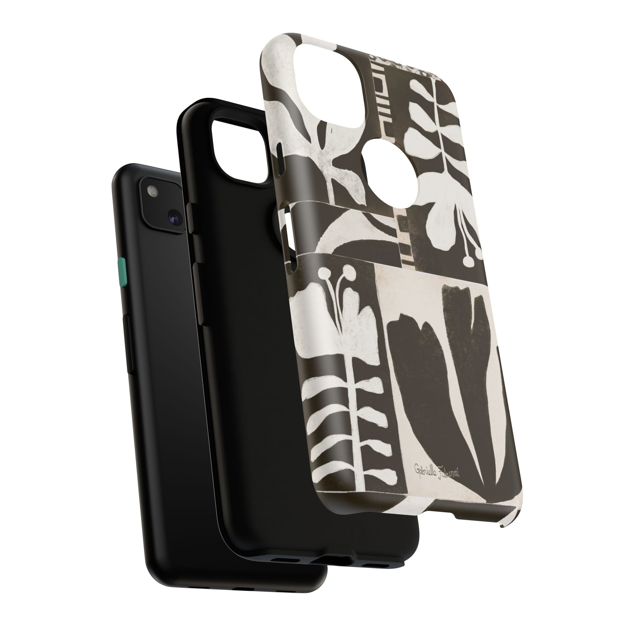 Floral Block Print Tough Phone Case — Black & White Botanical Protective Cover