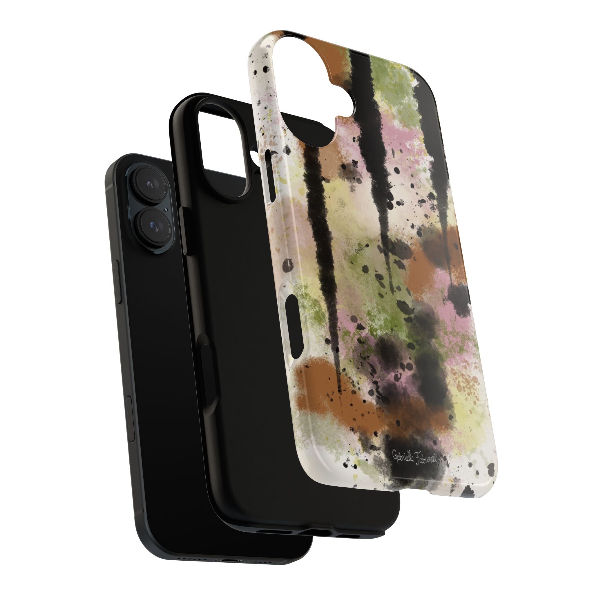 Watercolor Ink Splash Tough Phone Case — Abstract Olive, Blush & Charcoal Protective Cover