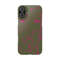 Abstract Face Line Art Slim Phone Case | Olive Green with Magenta Sketch