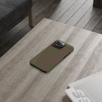 Abstract Face Line Art Slim Phone Case | Olive Green with Magenta Sketch