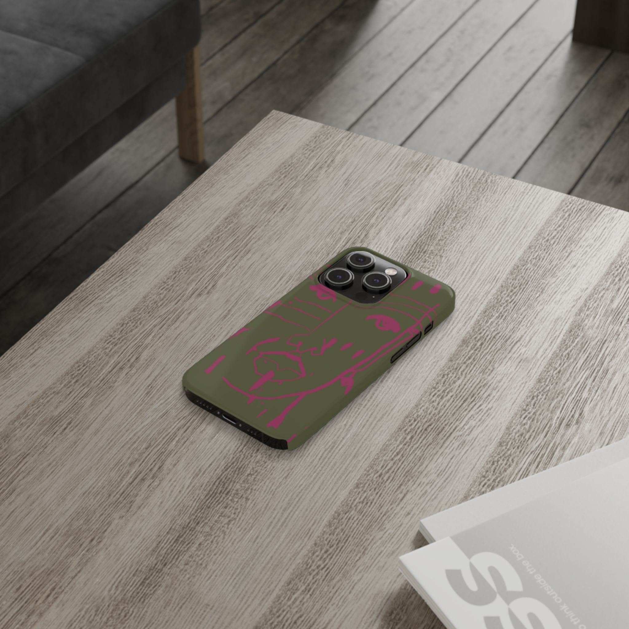 Abstract Face Line Art Slim Phone Case | Olive Green with Magenta Sketch