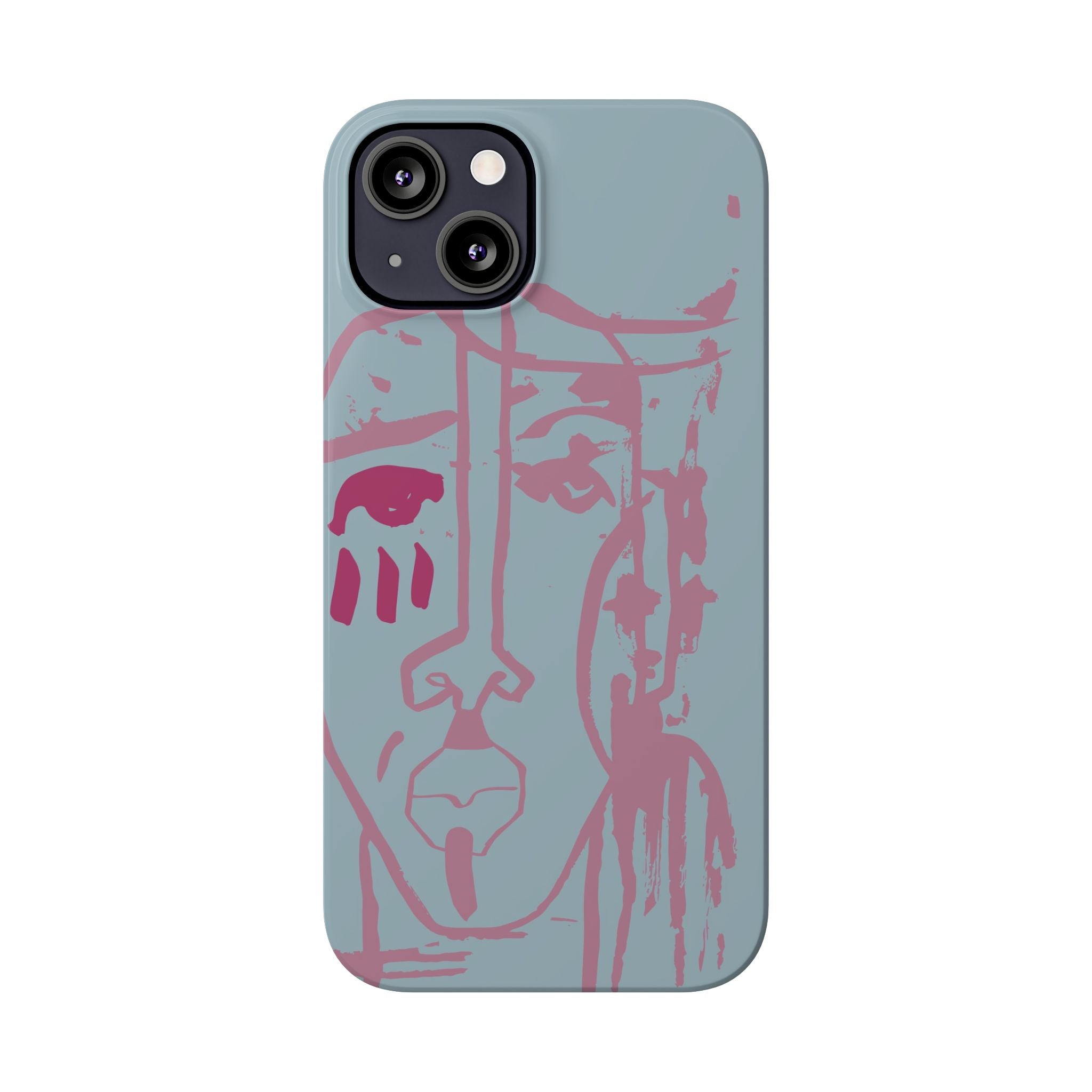 Abstract Line Face Slim Phone Case | Minimalist Portrait, Dusty Blue & Rose