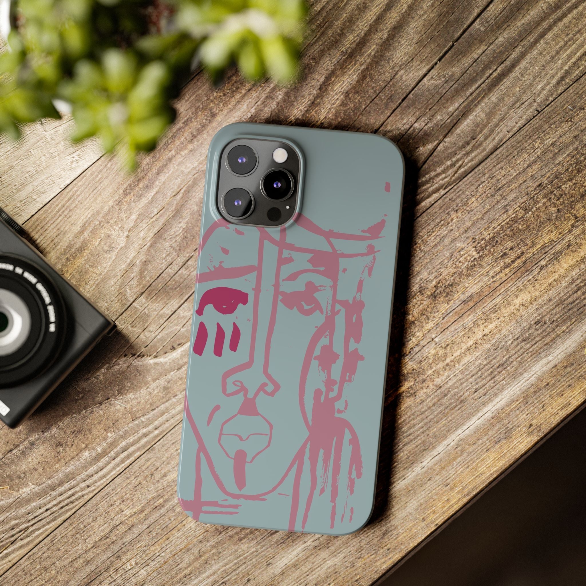 Abstract Line Face Slim Phone Case | Minimalist Portrait, Dusty Blue & Rose