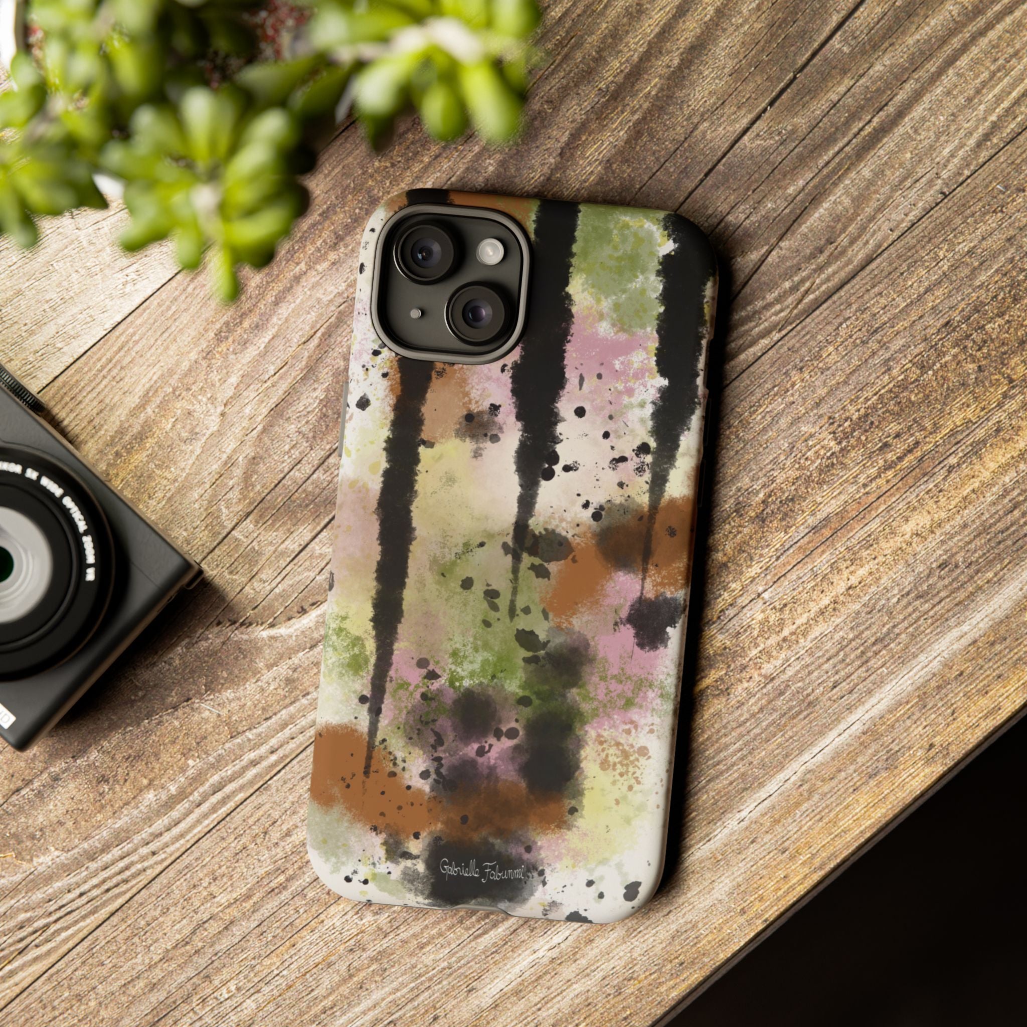 Watercolor Ink Splash Tough Phone Case — Abstract Olive, Blush & Charcoal Protective Cover