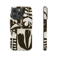 Floral Block Print Tough Phone Case — Black & White Botanical Protective Cover