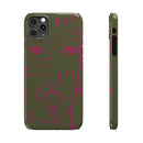 Abstract Face Line Art Slim Phone Case | Olive Green with Magenta Sketch
