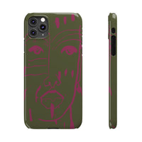 Abstract Face Line Art Slim Phone Case | Olive Green with Magenta Sketch