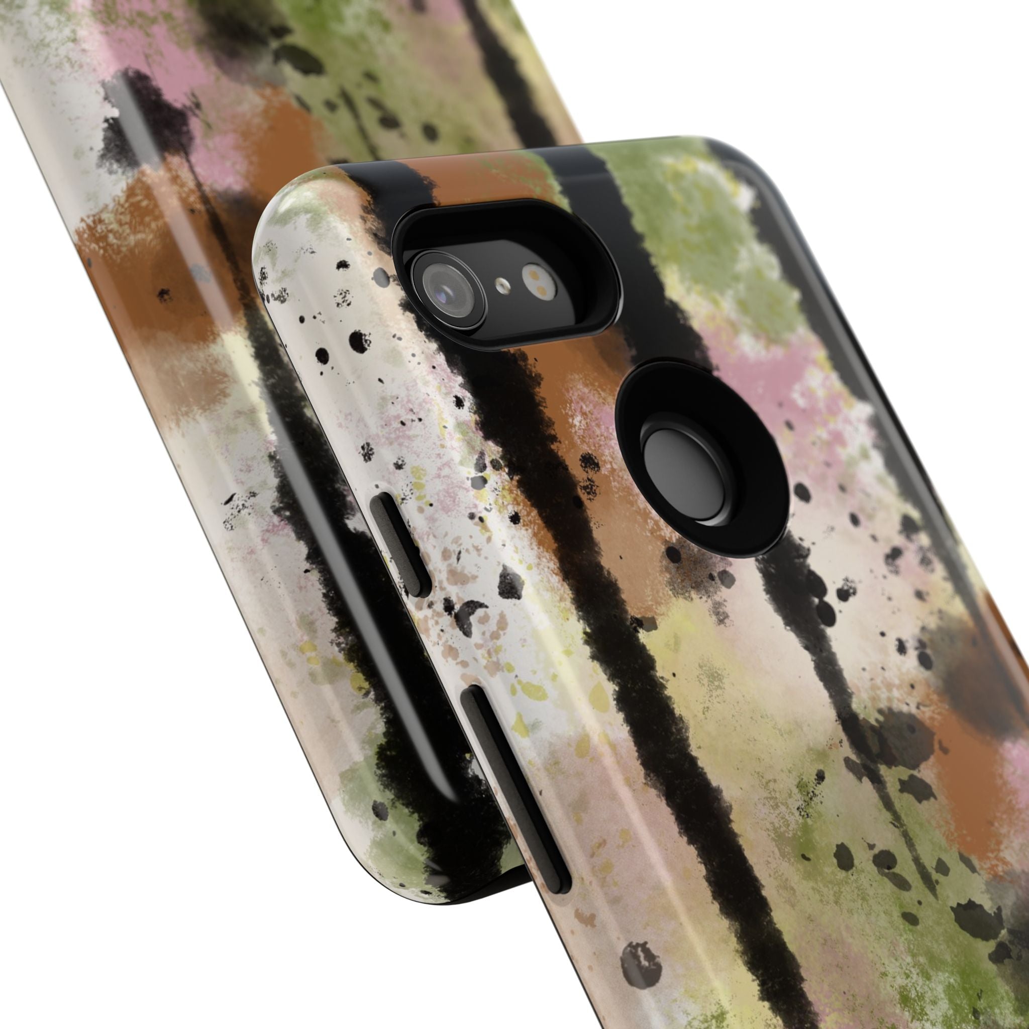 Watercolor Ink Splash Tough Phone Case — Abstract Olive, Blush & Charcoal Protective Cover