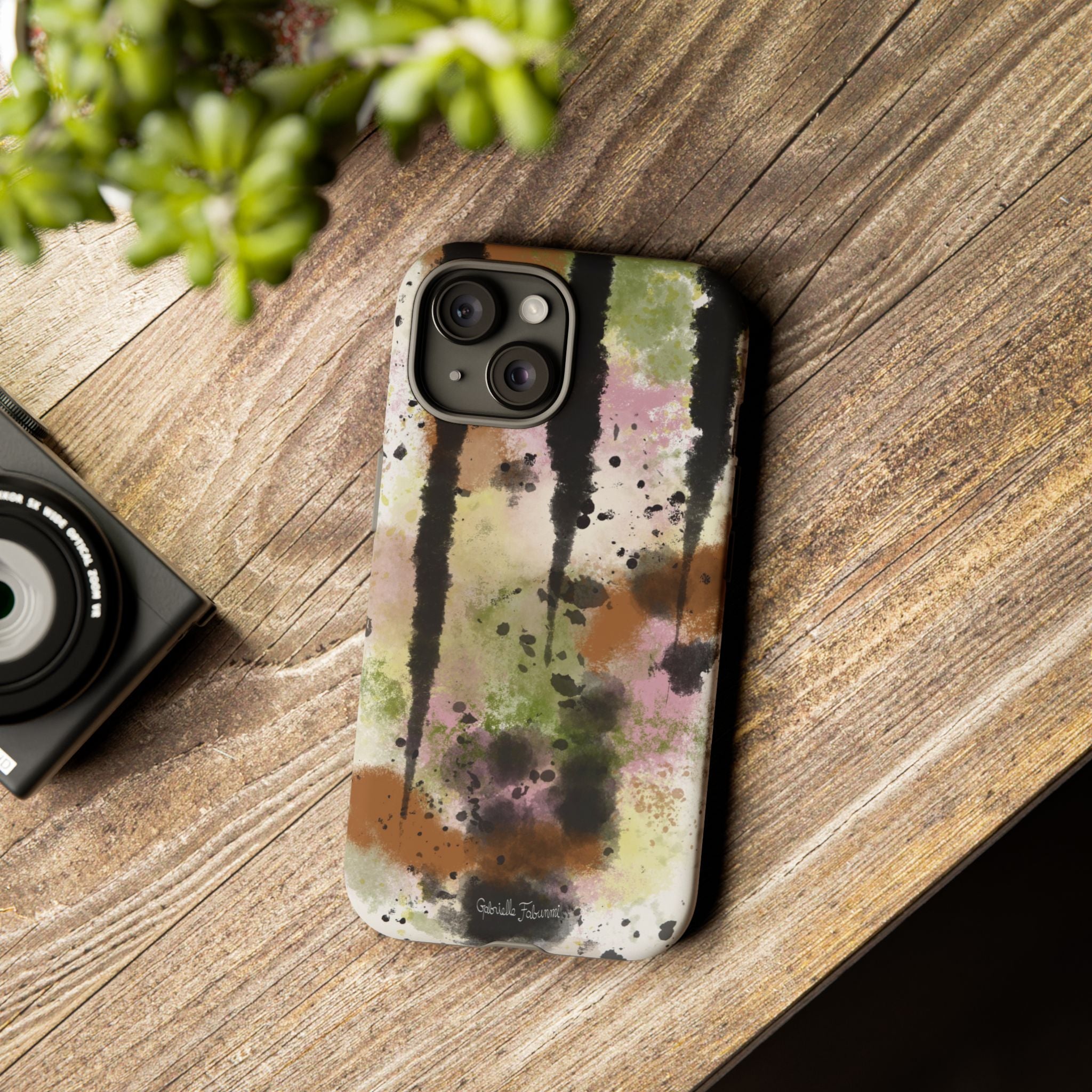 Watercolor Ink Splash Tough Phone Case — Abstract Olive, Blush & Charcoal Protective Cover