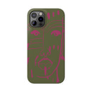 Abstract Face Line Art Slim Phone Case | Olive Green with Magenta Sketch