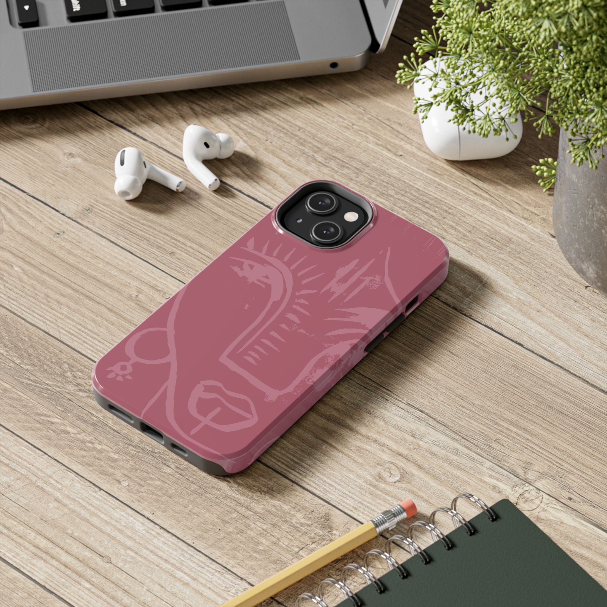 Abstract Line Face Tough Phone Case | Blush Pink Minimalist Art